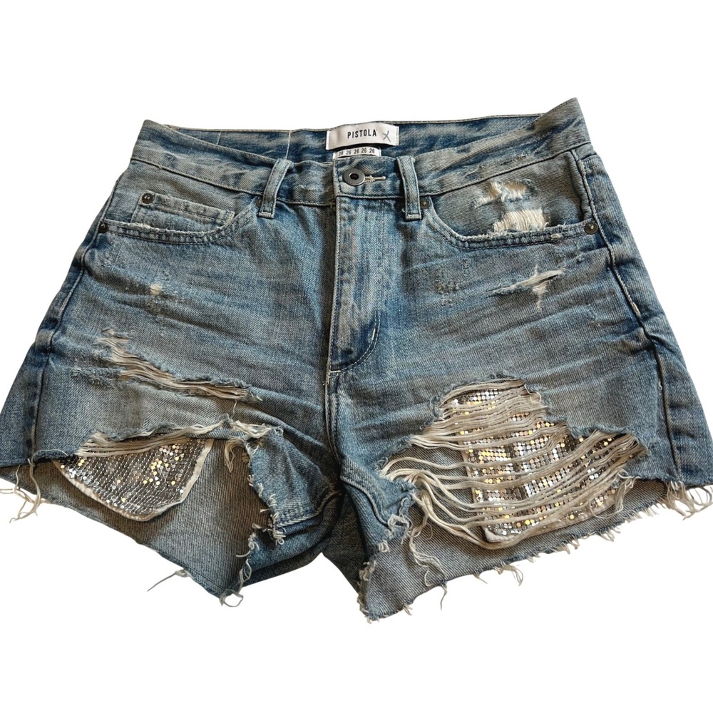 Pistola Womens 26 Denim Shorts Ace High Rise 90s Cut Off Silver Sequin Pocket